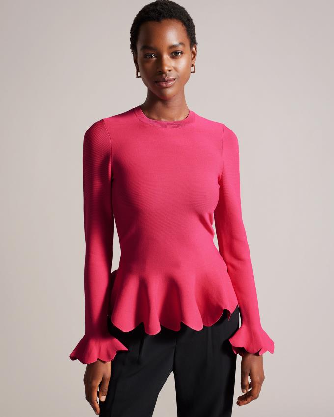 Hauts Ted Baker Long Sleeve Scalloped Peplum Rose Clair Femme | HTA-98692805